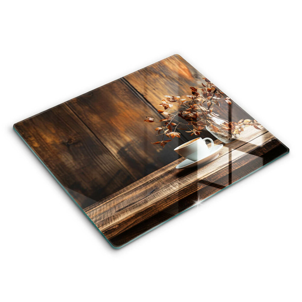 Skleněné krájecí prkénko 60x52 cm Šálek kávy a dřevo