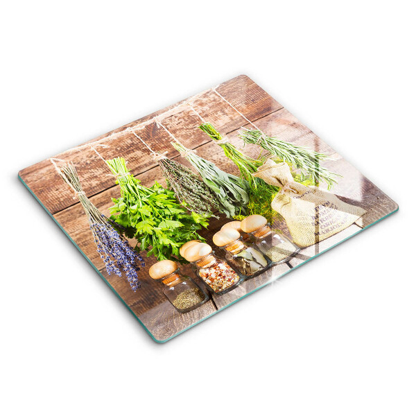 Skleněná krájecí deska 60x52 cm Bylinky koření a dřevo