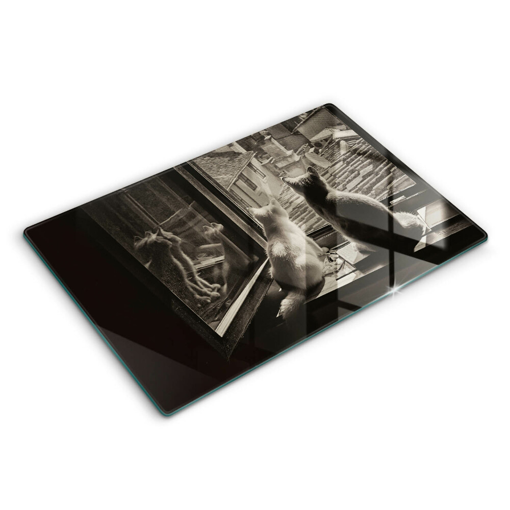 Skleněná krájecí deska 80x52 cm Kočky město a okno