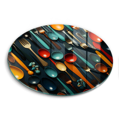 Skleněná deska do kuchyně okrągła Barevné lžíce a vidličky