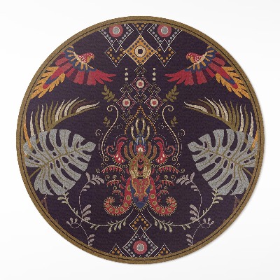 Kulatý vinylový koberec Papoušci a listy monstery