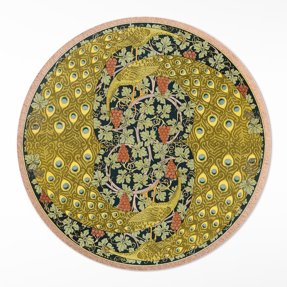 Kulatý vinylový koberec Žlutí pávi ve vinici