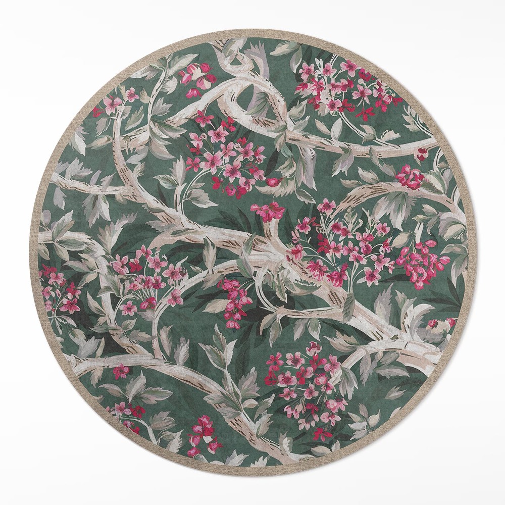 Kulatý vinylový koberec Větve s listy a květinami vintage