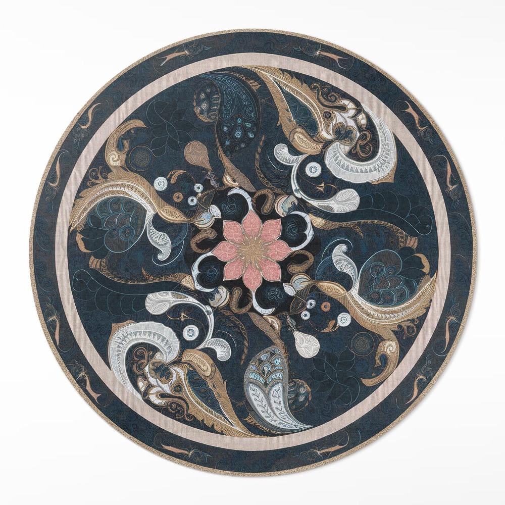 Kulatý vinylový koberec Abstrakce tvarů a květina ve vintage stylu