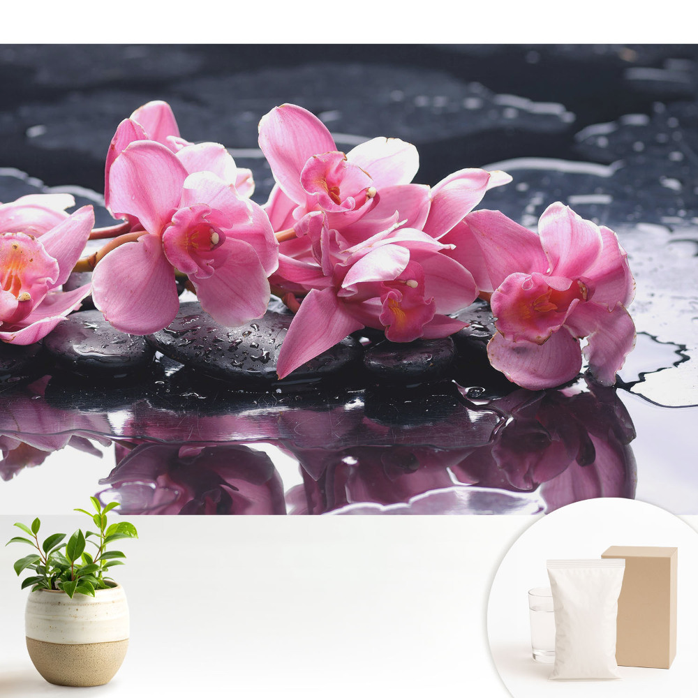 Tapeta s růžovými orchidejemi na kamenném pozadí