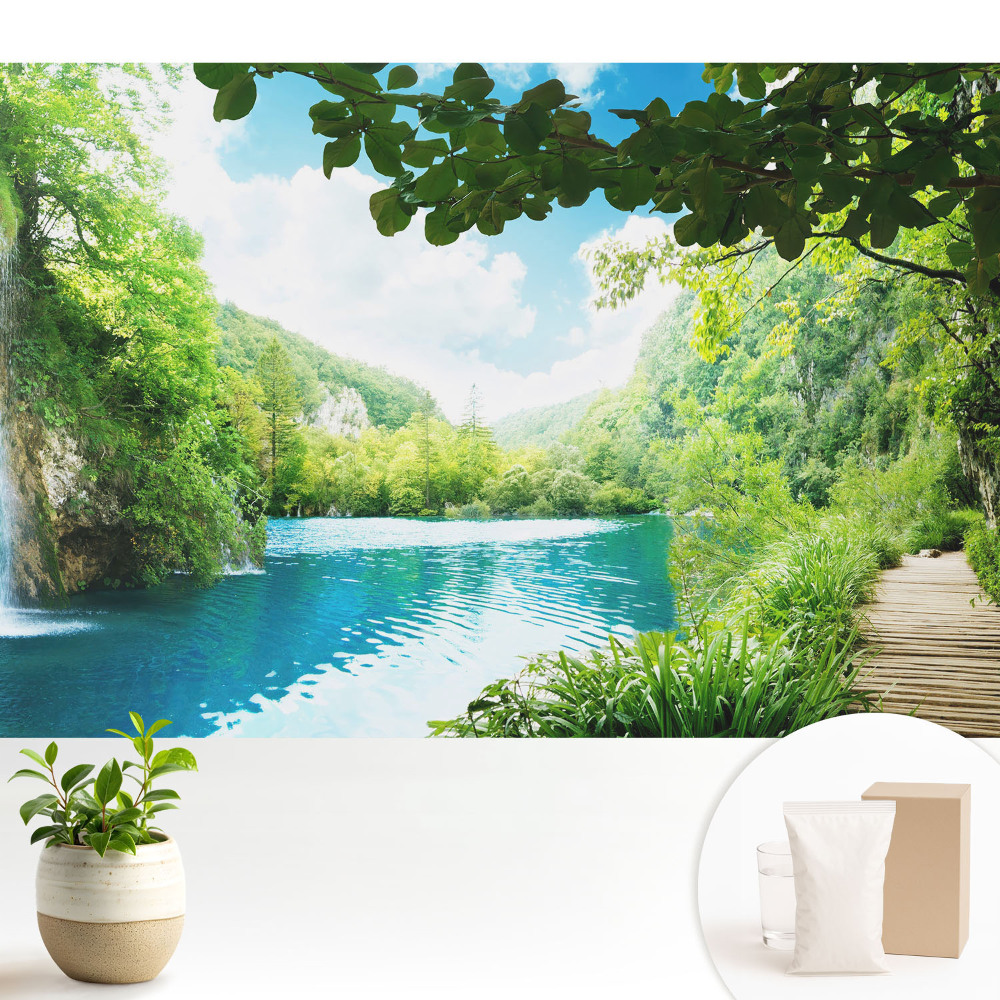 Samolepící tapeta s motivem lesů, vodopádů a jezera