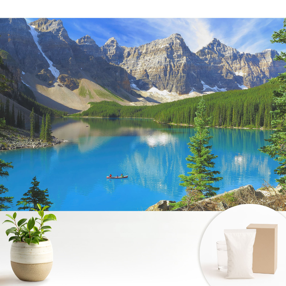 Tapeta na zeď s motivem hor a jezera v zelených tónech evokujících harmonii