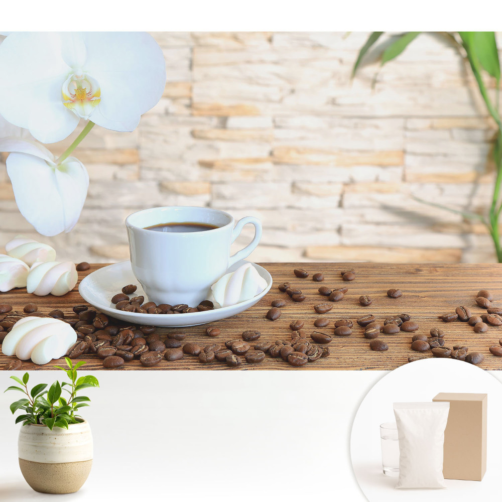 Tapeta na zeď s motivem kávy a orchideje na dřevě