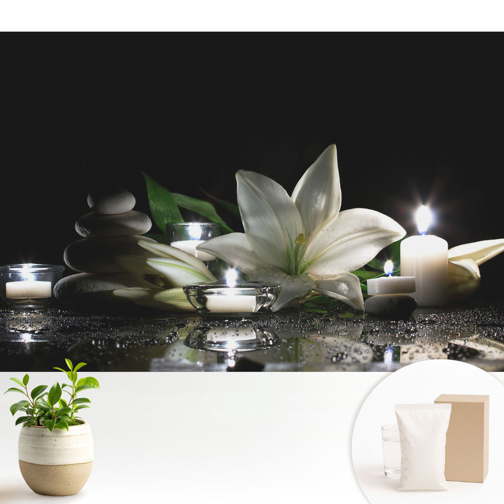 Tapeta do obývacího pokoje s motivem lilií, kamenů a svíček