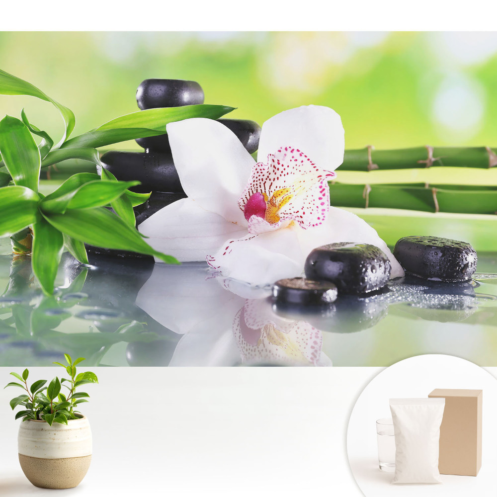 Samolepící tapeta s motivem orchidejí a kamenů obklopených bambusem