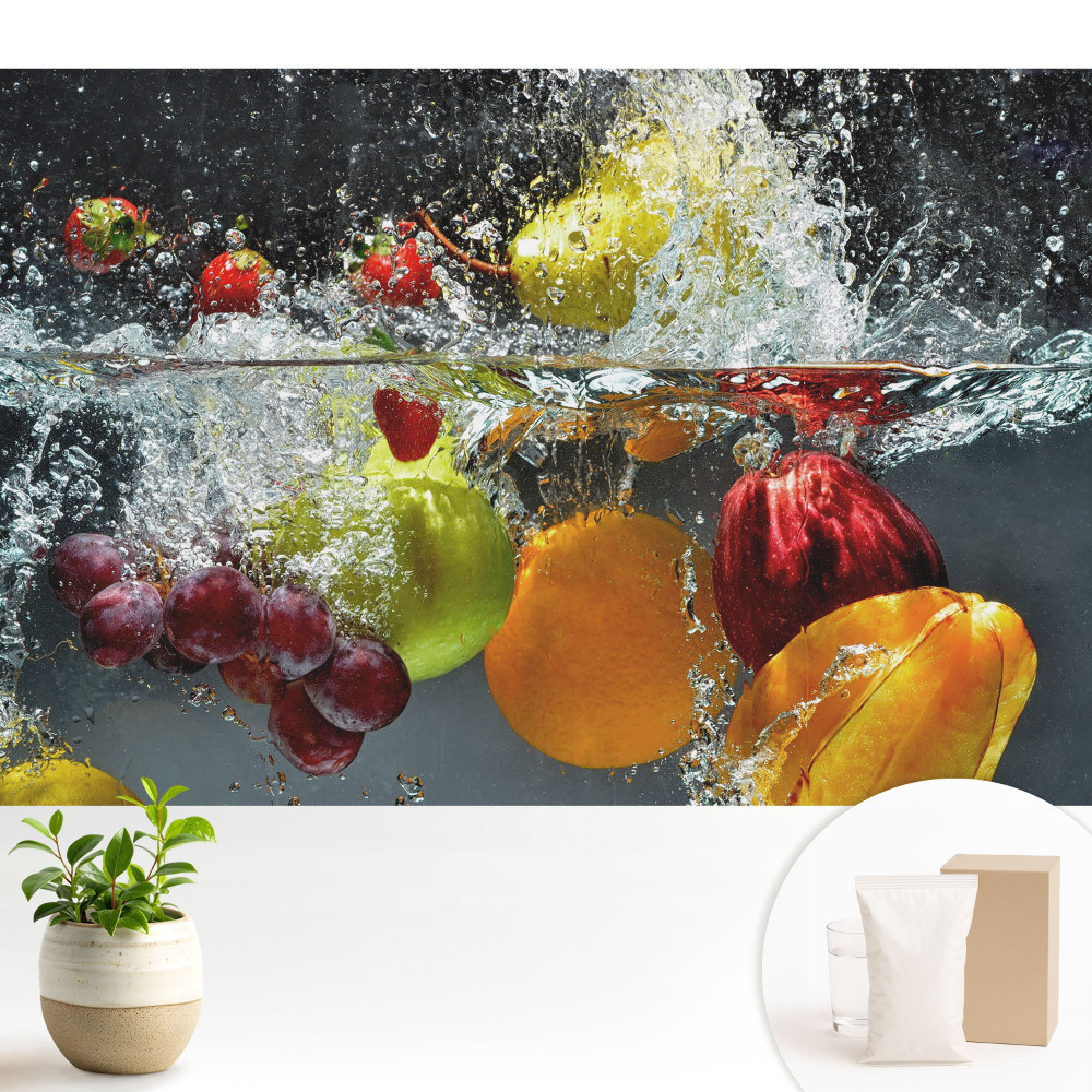 Tapeta do obývacího pokoje s motivem barevného ovoce ve vodní explozi