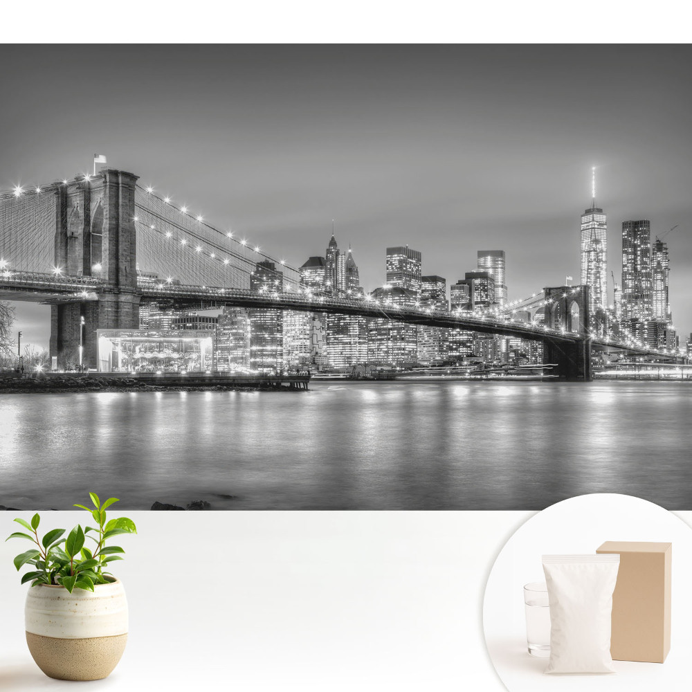 Tapeta do obývacího pokoje s nočním panoramatem metropole, zobrazující most a mrakodrapy
