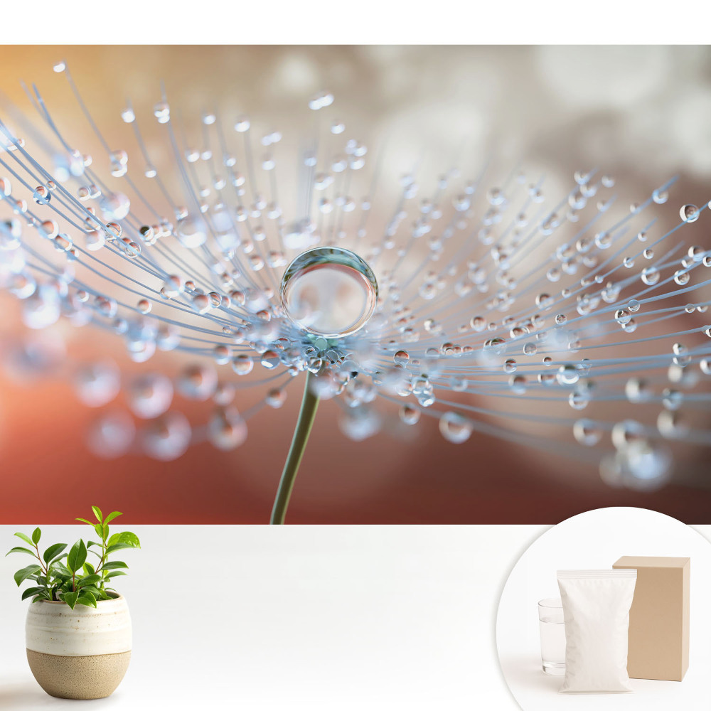 Tapeta s motivem průhledné kapky na vláknech pampelišky