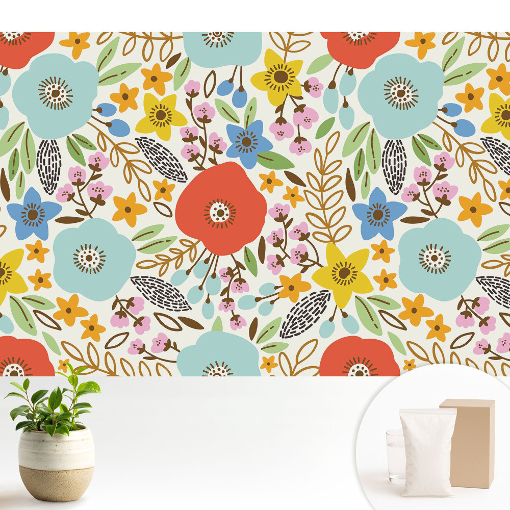 Tapeta do obývacího pokoje s barevnými květinami na bílém pozadí