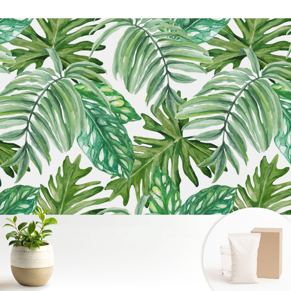 Tapeta s botanickým vzorem a exotickými zelenými listy