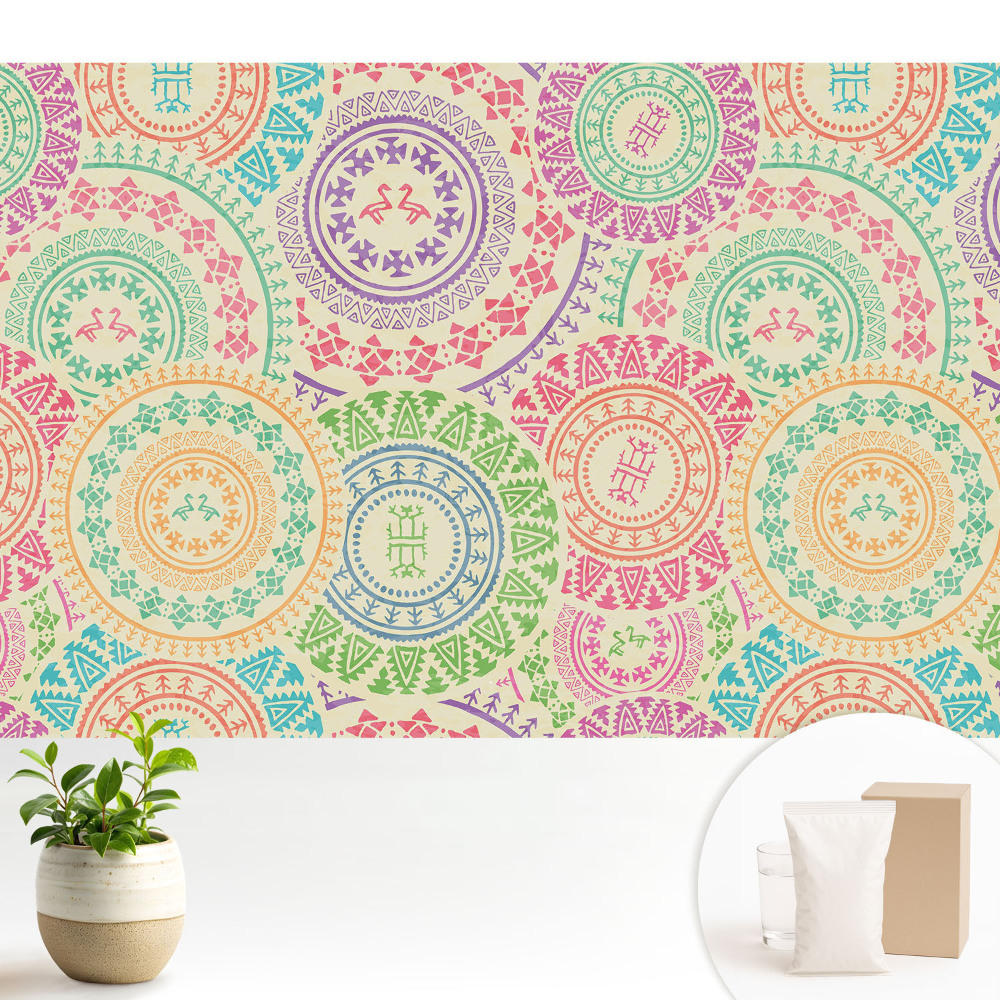 Tapeta do obývacího pokoje s motivem mandal v boho stylu v pastelových barvách