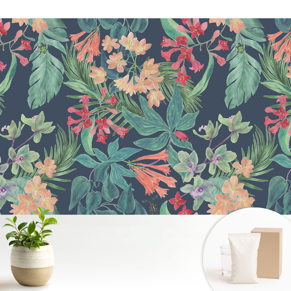 Tapeta do obývacího pokoje s motivem exotické flóry v elegantních barvách