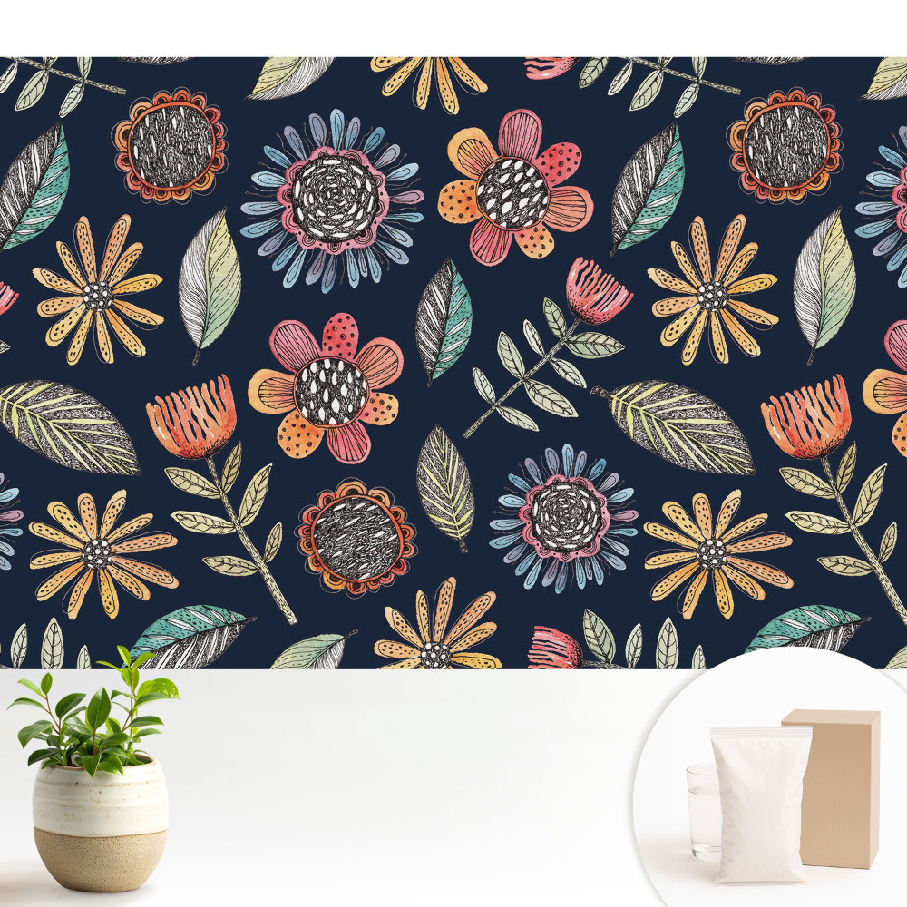 Tapeta do obývacího pokoje s mozaikou barevných květin a listů