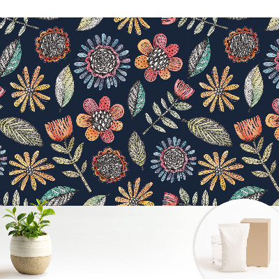 Tapeta do obývacího pokoje s mozaikou barevných květin a listů