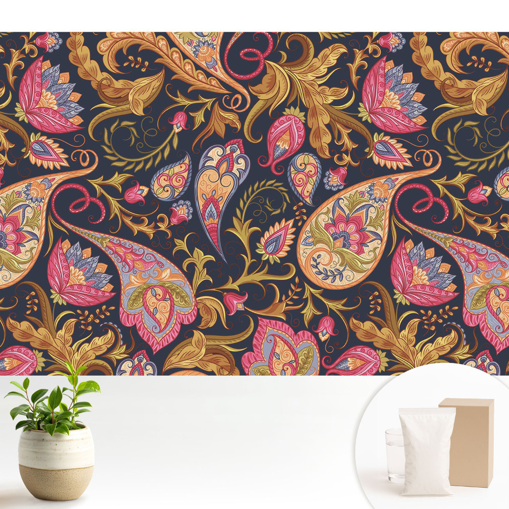 Tapeta do obývacího pokoje s květinovým paisley vzorem v barevném a elegantním provedení