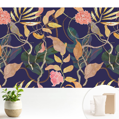 Samolepící tapeta s motivem exotické flóry na tmavě modrém pozadí