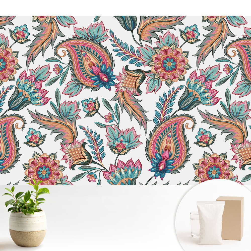 Tapeta do obývacího pokoje s paisley vzorem, květinami a listy