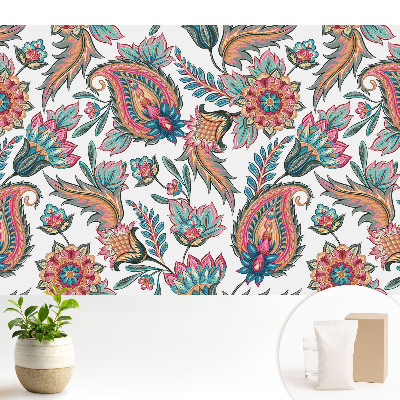 Tapeta do obývacího pokoje s paisley vzorem, květinami a listy