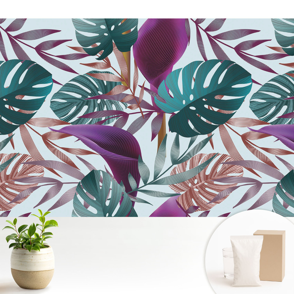 Tapeta do obývacího pokoje s barevným tropickým motivem listů z kolekce Chaos