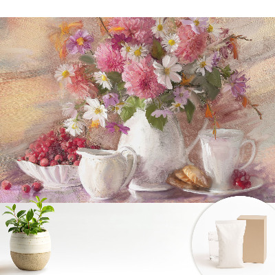 Tapeta s motivem kytice květin a pečlivě aranžovanými doplňky