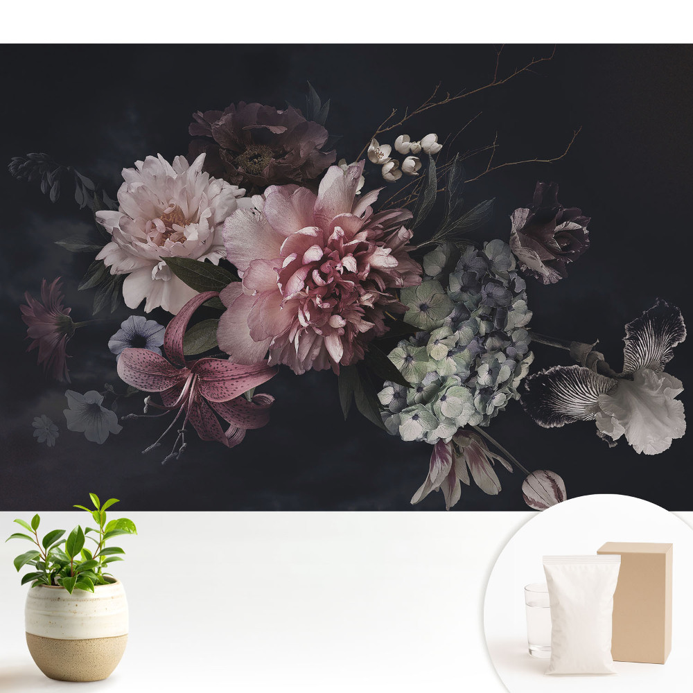 Tapeta na zeď s květinovým motivem na tmavém pozadí