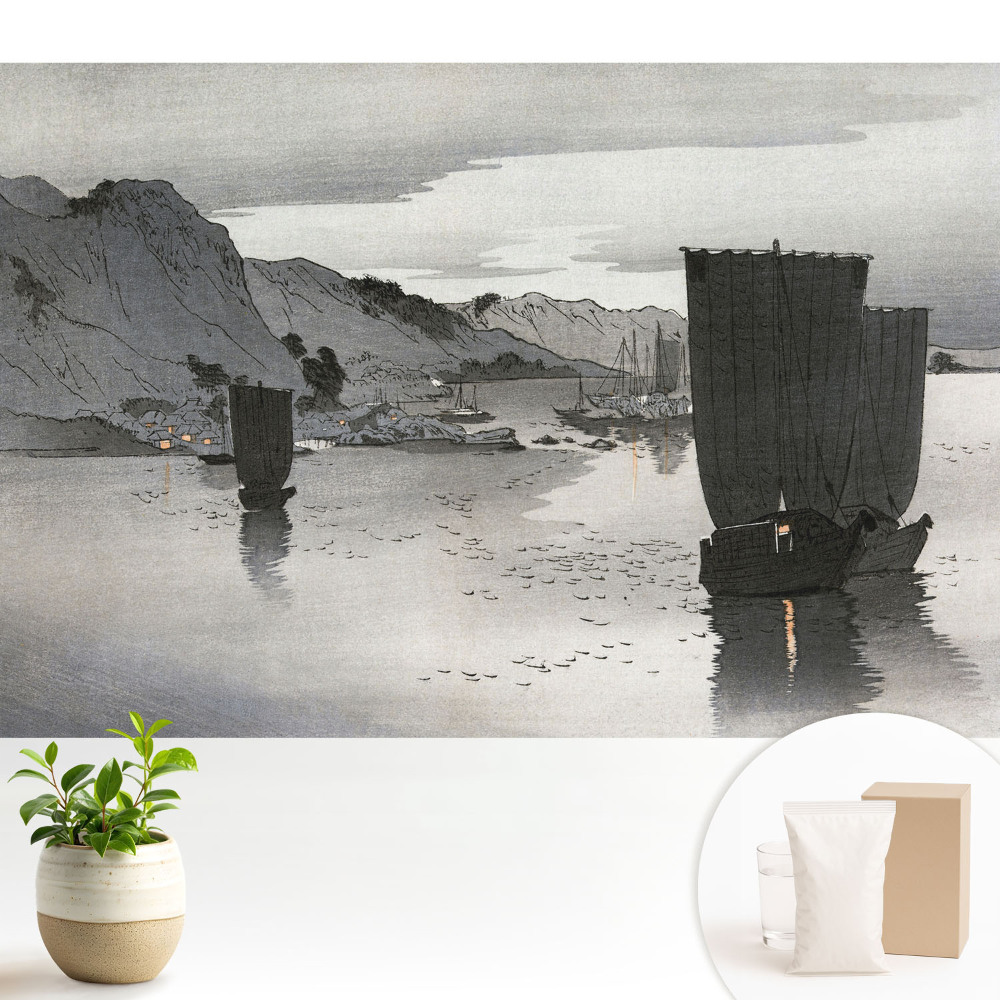Tapeta do obývacího pokoje s motivem plachet a hor za soumraku