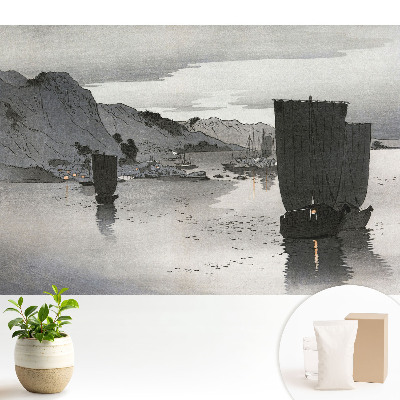 Tapeta do obývacího pokoje s motivem plachet a hor za soumraku