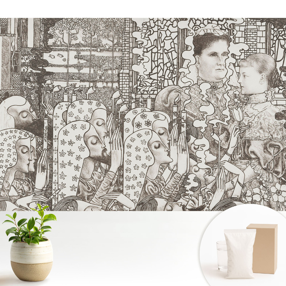 Tapeta do obývacího pokoje s klasickými portréty a květinovými vzory