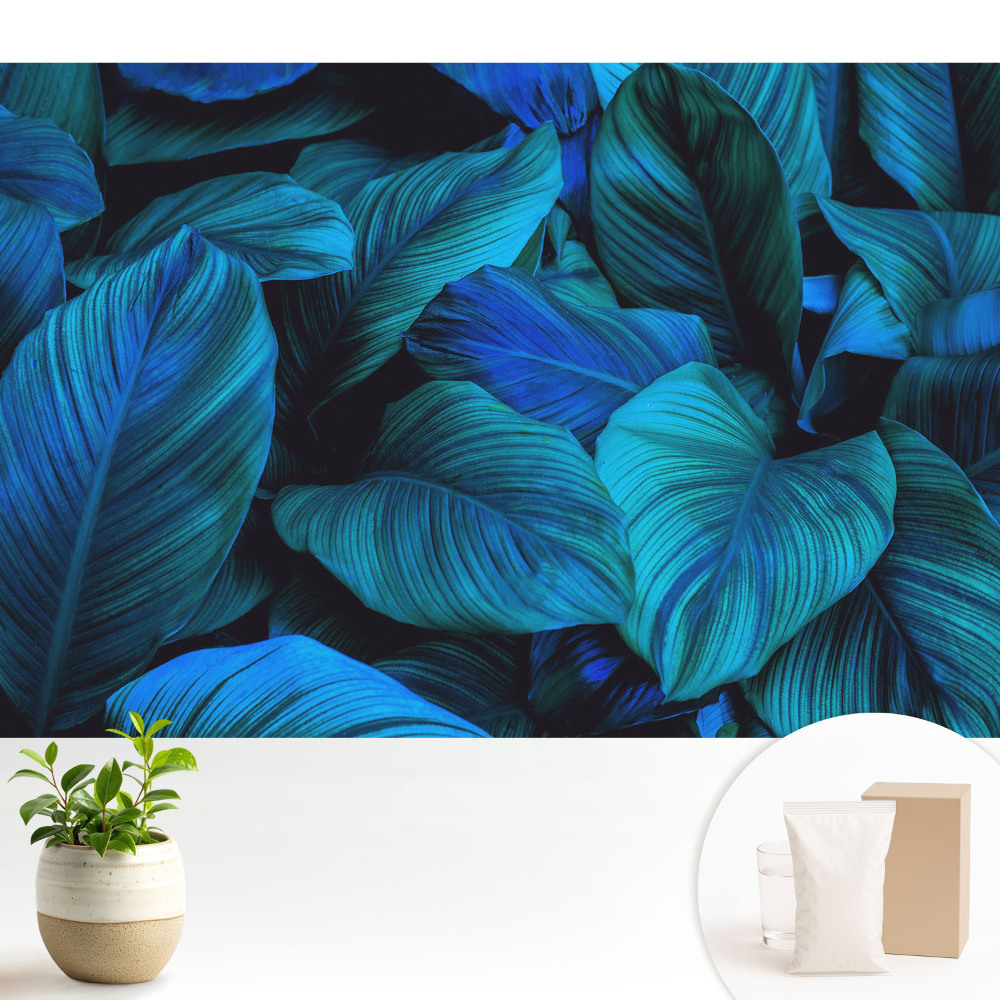 Tapeta do obývacího pokoje s motivem modrých listů evokujícím hloubku přírody
