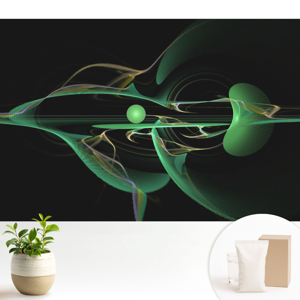 Tapeta do obývacího pokoje s abstraktním motivem zelených vln a koulí