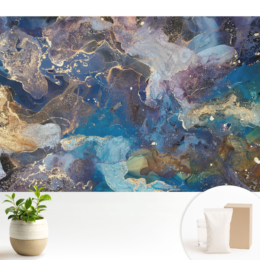 Tapeta do obýváku s kosmickým abstraktním motivem v odstínech modré a fialové