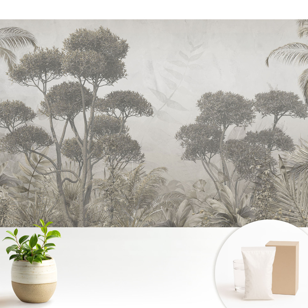 Tapeta do obývacího pokoje s motivem exotického lesa v rustikálním stylu