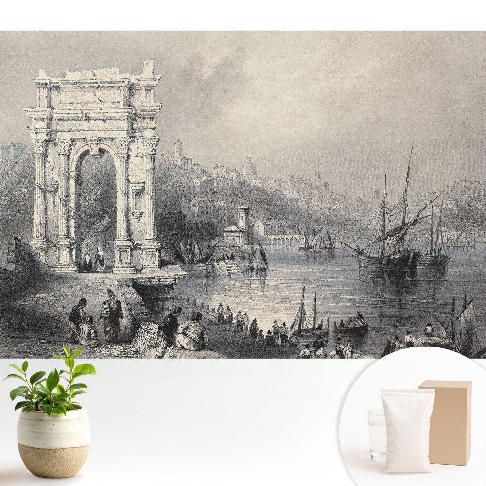 Tapeta pro obývací pokoj s motivem historického přístavu a starobylého oblouku