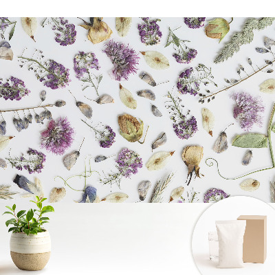 Tapeta do obývacího pokoje se vzorem sušených květin na bílém pozadí