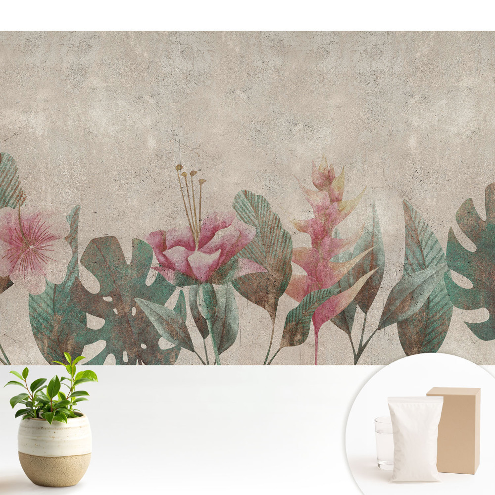 Tapeta na zeď s pastelovými květinami a listy v vintage stylu
