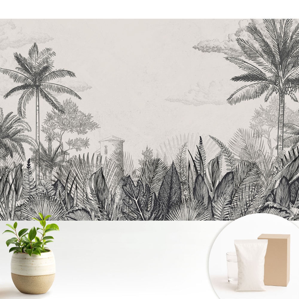 Samolepící tapeta s motivem exotických palem a tajemné budovy