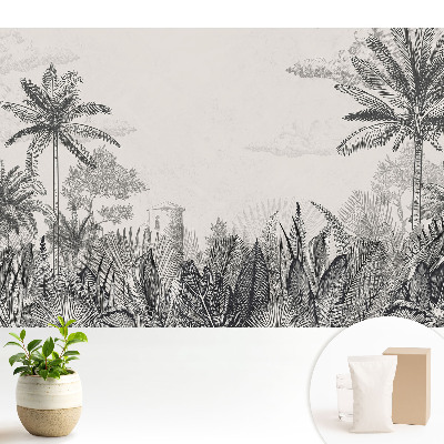 Samolepící tapeta s motivem exotických palem a tajemné budovy