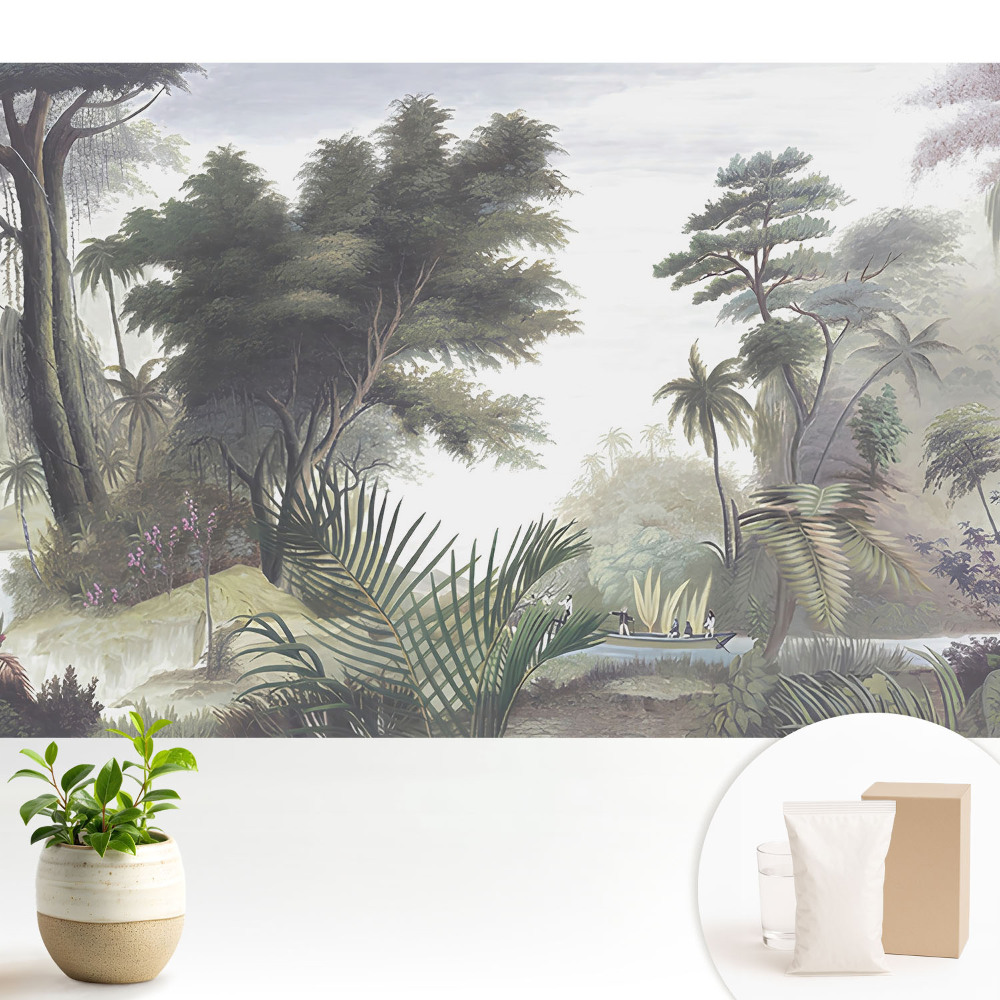 Tapeta do obýváku s motivem bujné džungle a lodí na řece