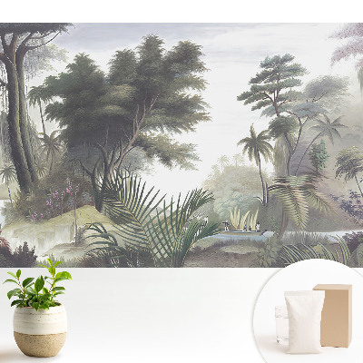 Tapeta do obýváku s motivem bujné džungle a lodí na řece