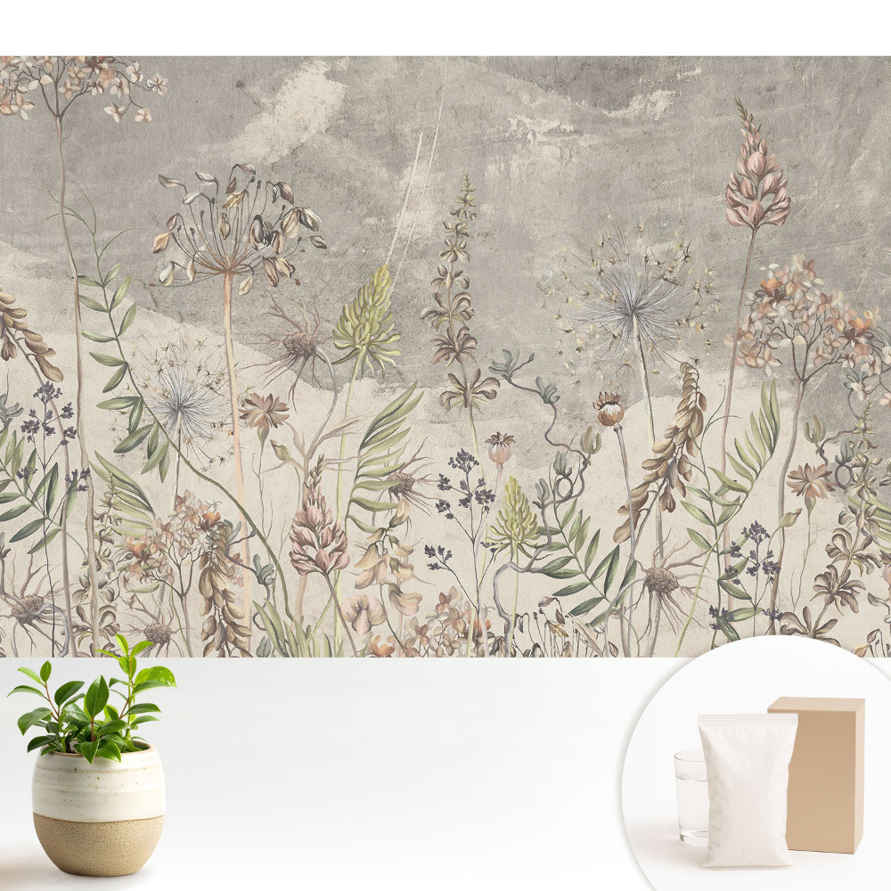 Tapeta na zeď s rustikálním květinovým vzorem na šedém pozadí