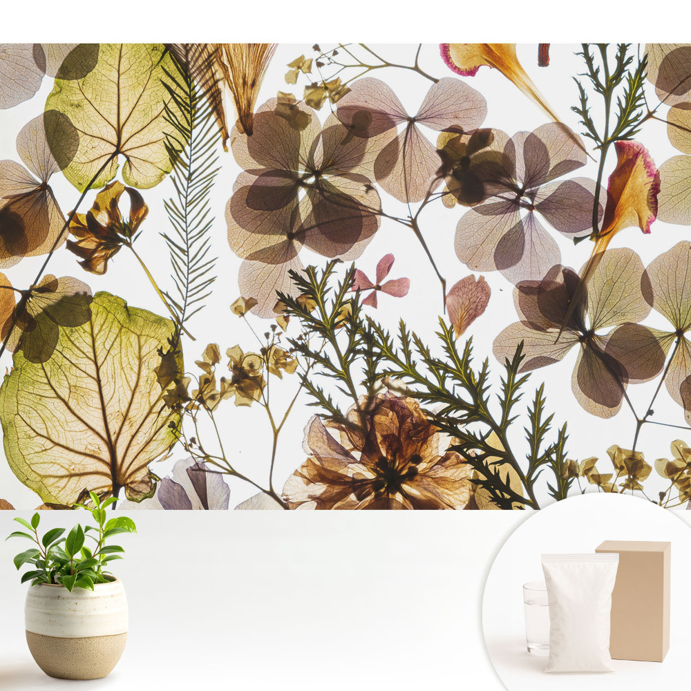 Tapeta s motivem sušených listů a květin v boho stylu do obývacího pokoje