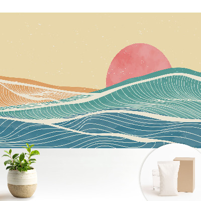 Tapeta do obyvaku Mořské vlny a růžové slunce abstraktní