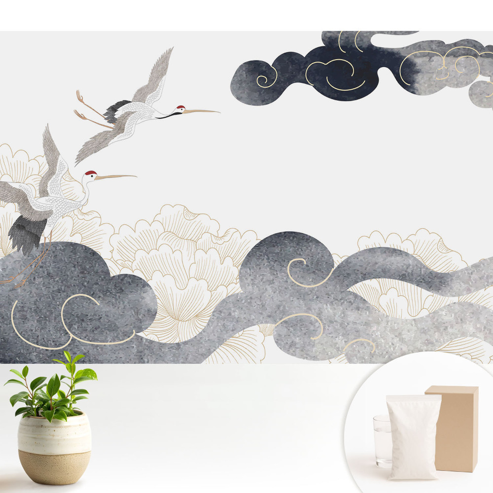 Tapeta na zeď s motivem jeřábů a mraků v klasickém stylu