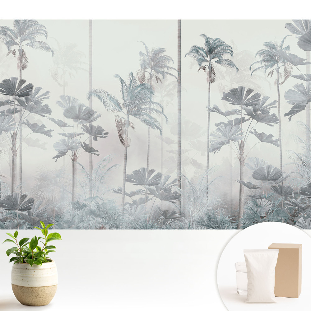 Tapeta s motivem exotických palm v jemné mlze