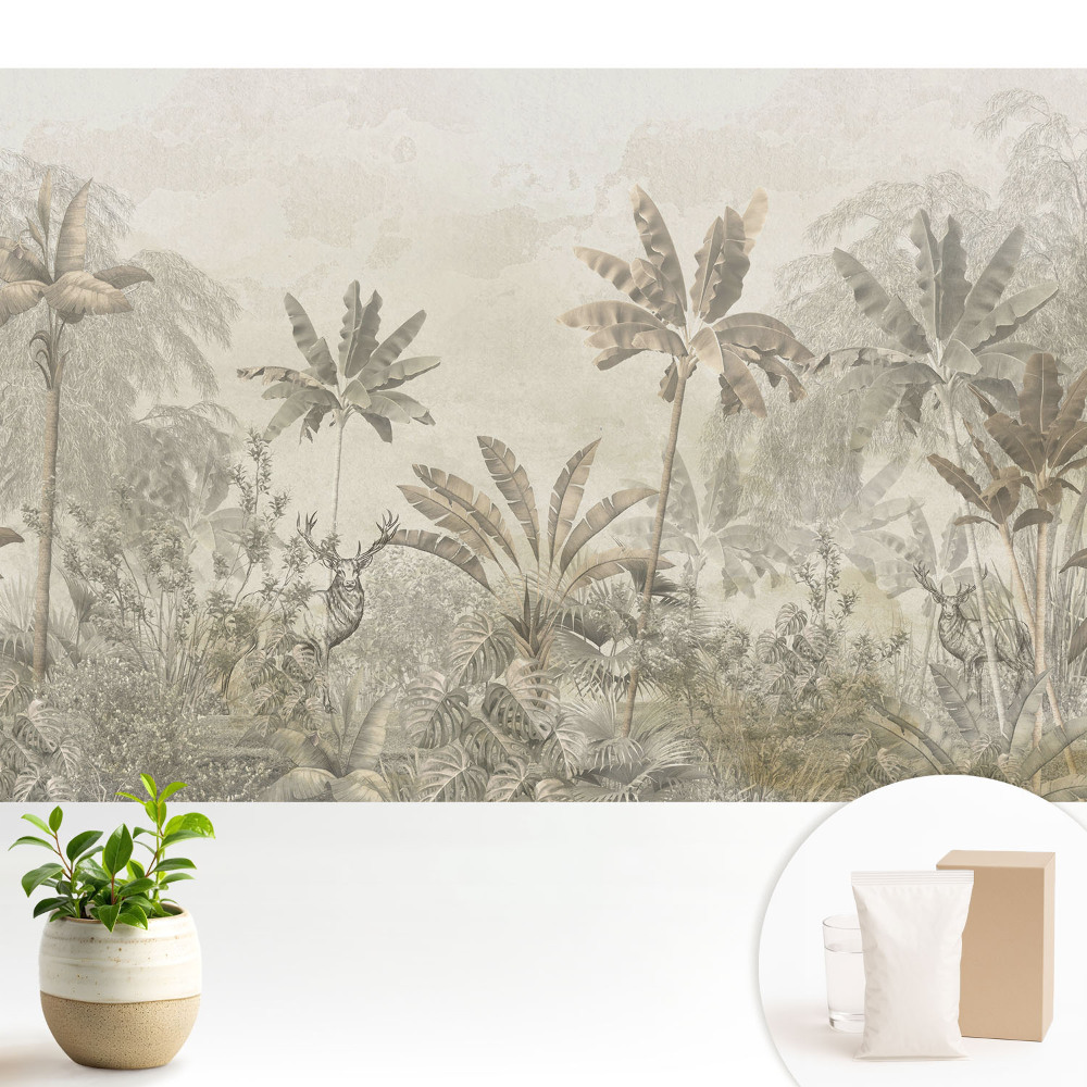 Tapeta do obývacího pokoje s motivem exotických palm v teplých odstínech
